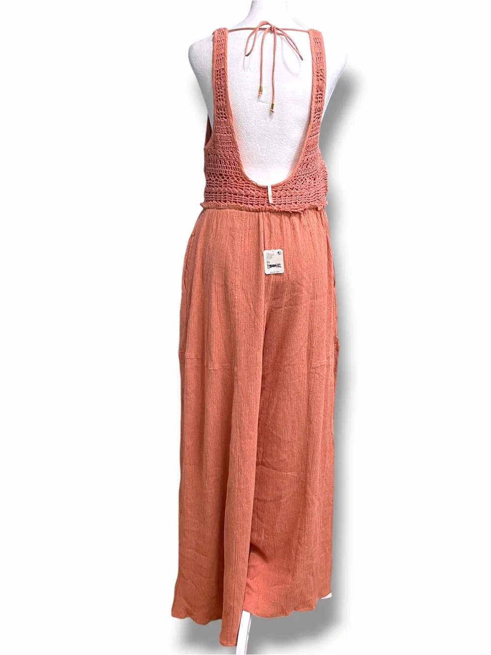 Free People Soleil Jumpsuit Crochet Wide Leg Open Back Boho Peach Size M NWT